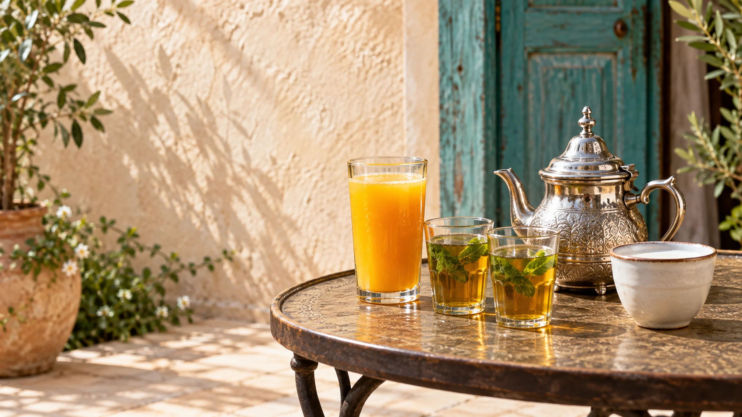 Mint tea, fresh orange juice and lben on a Moroccan patio table