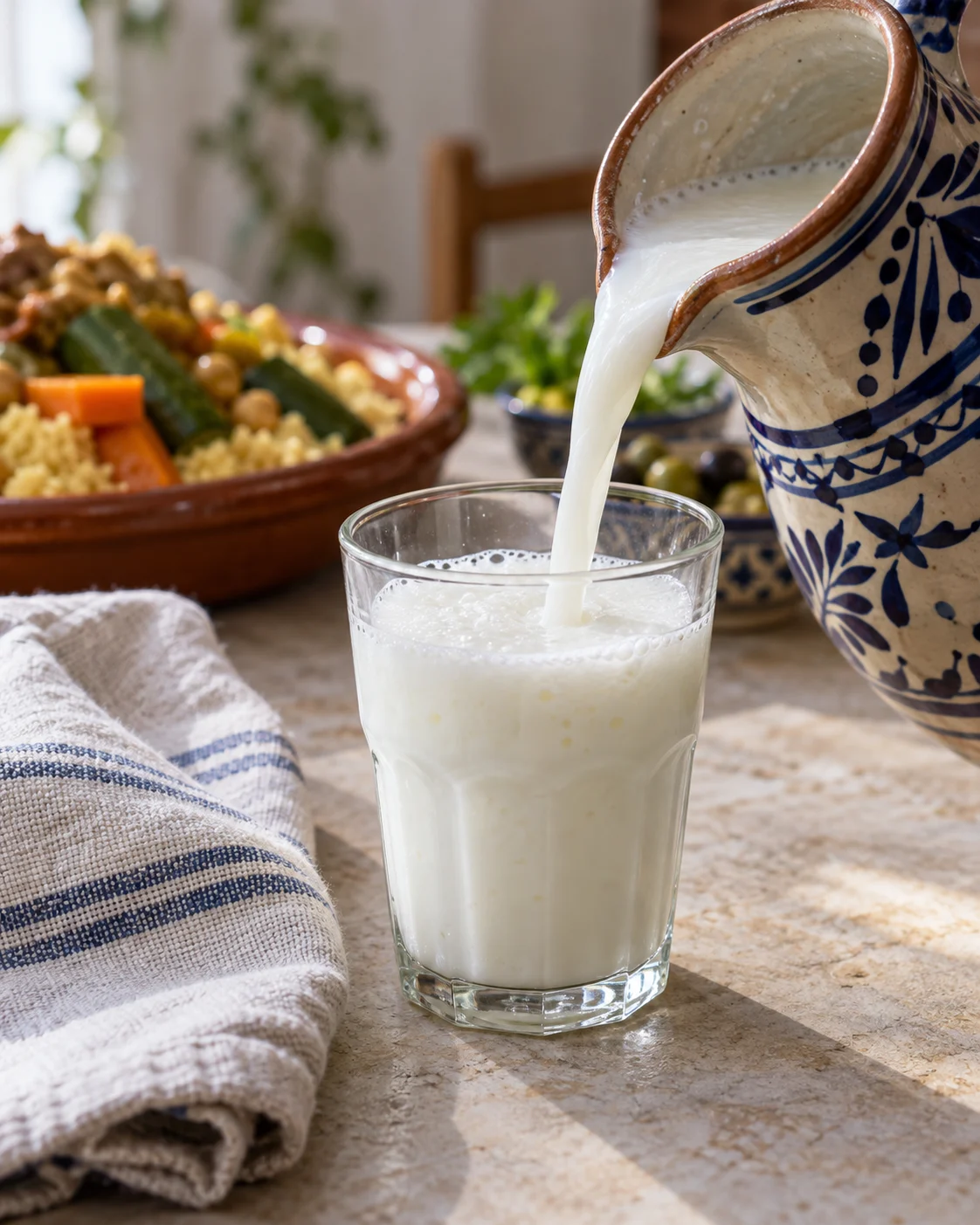 Lben poured into a glass beside couscous