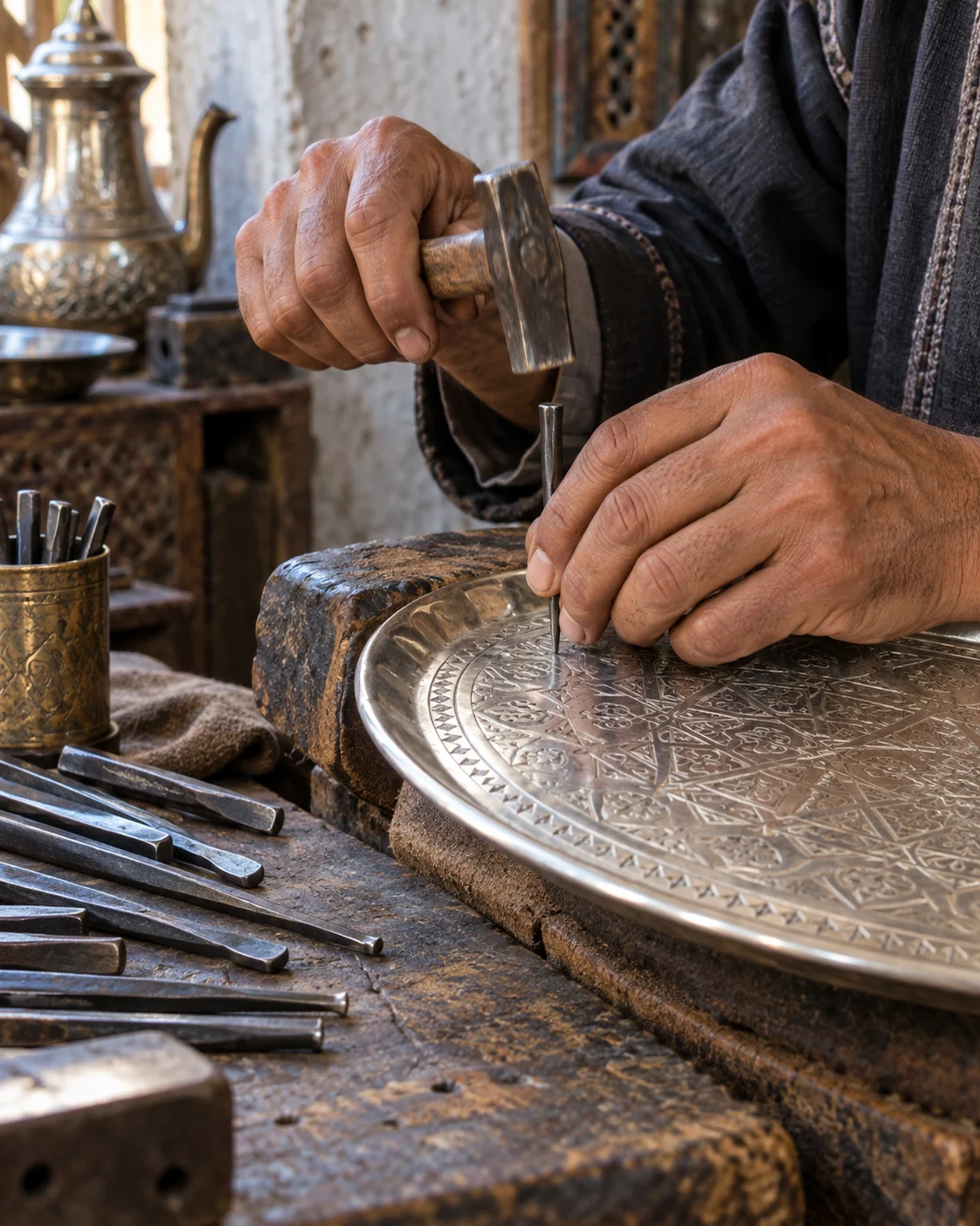 Hands engraving a metal tea tray