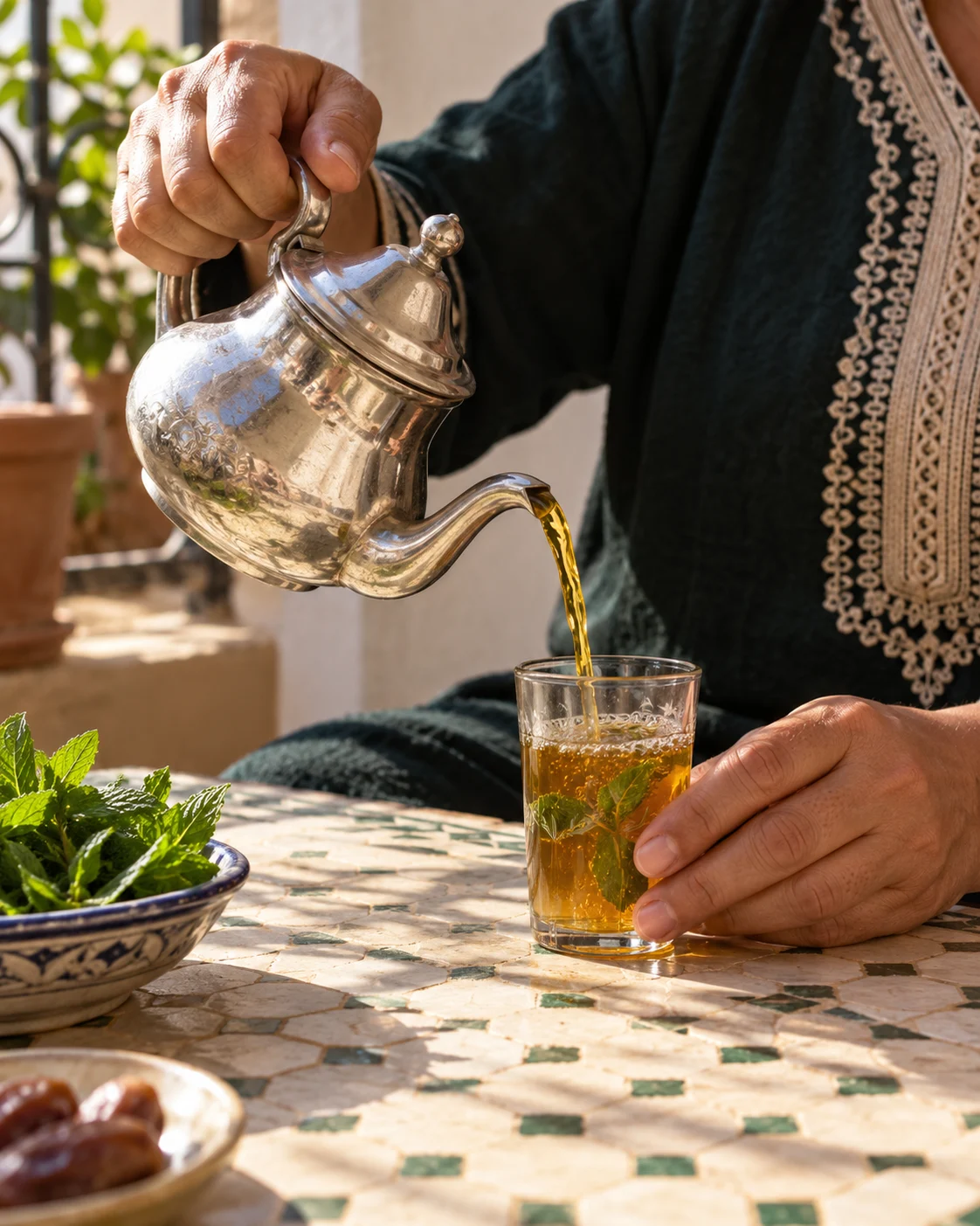 Hands serving Moroccan mint tea