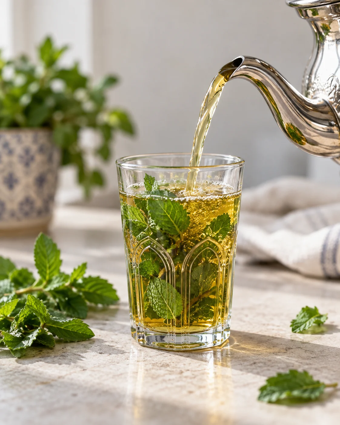 Mint tea being poured into a glass