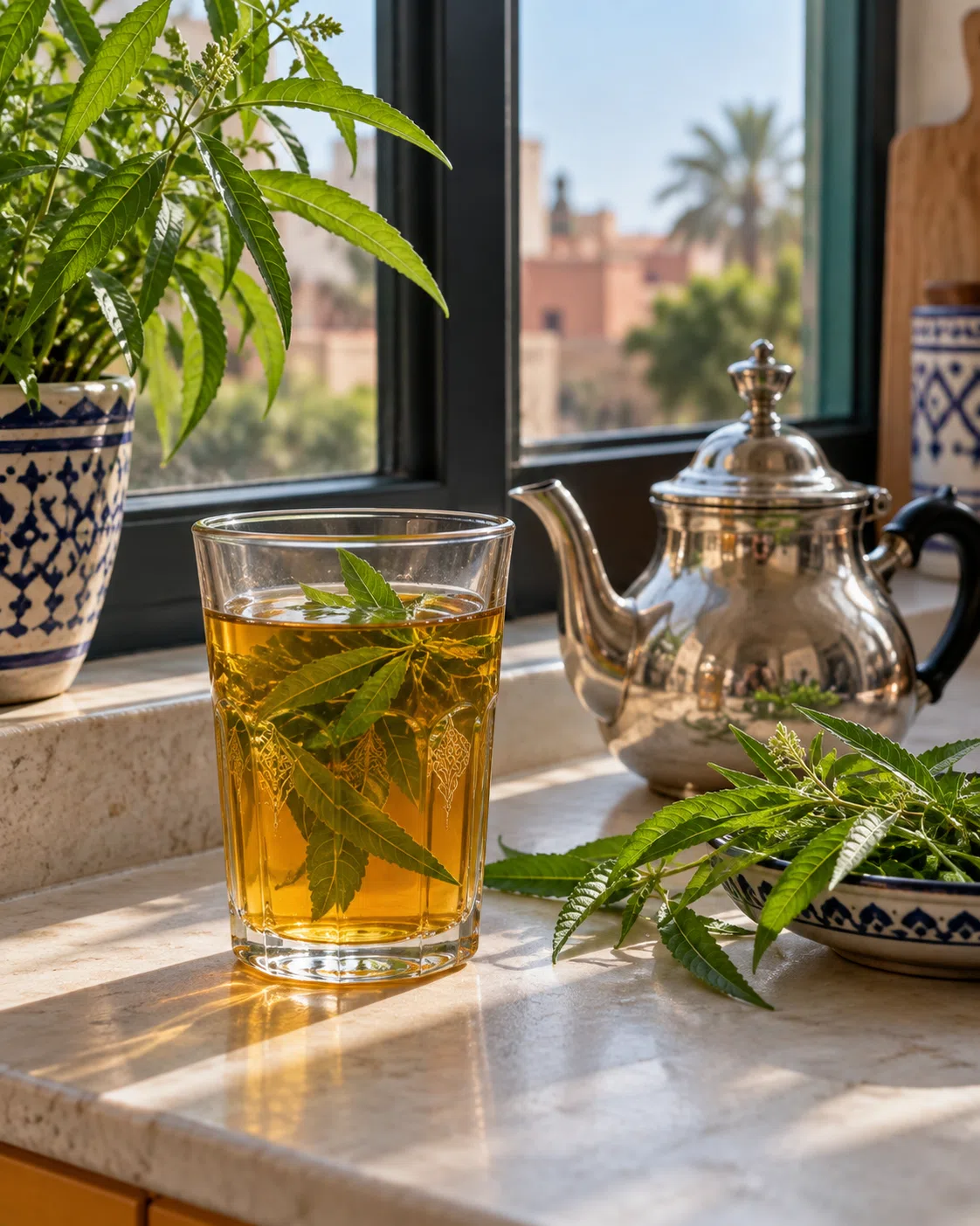 Green tea with lemon verbena by a window