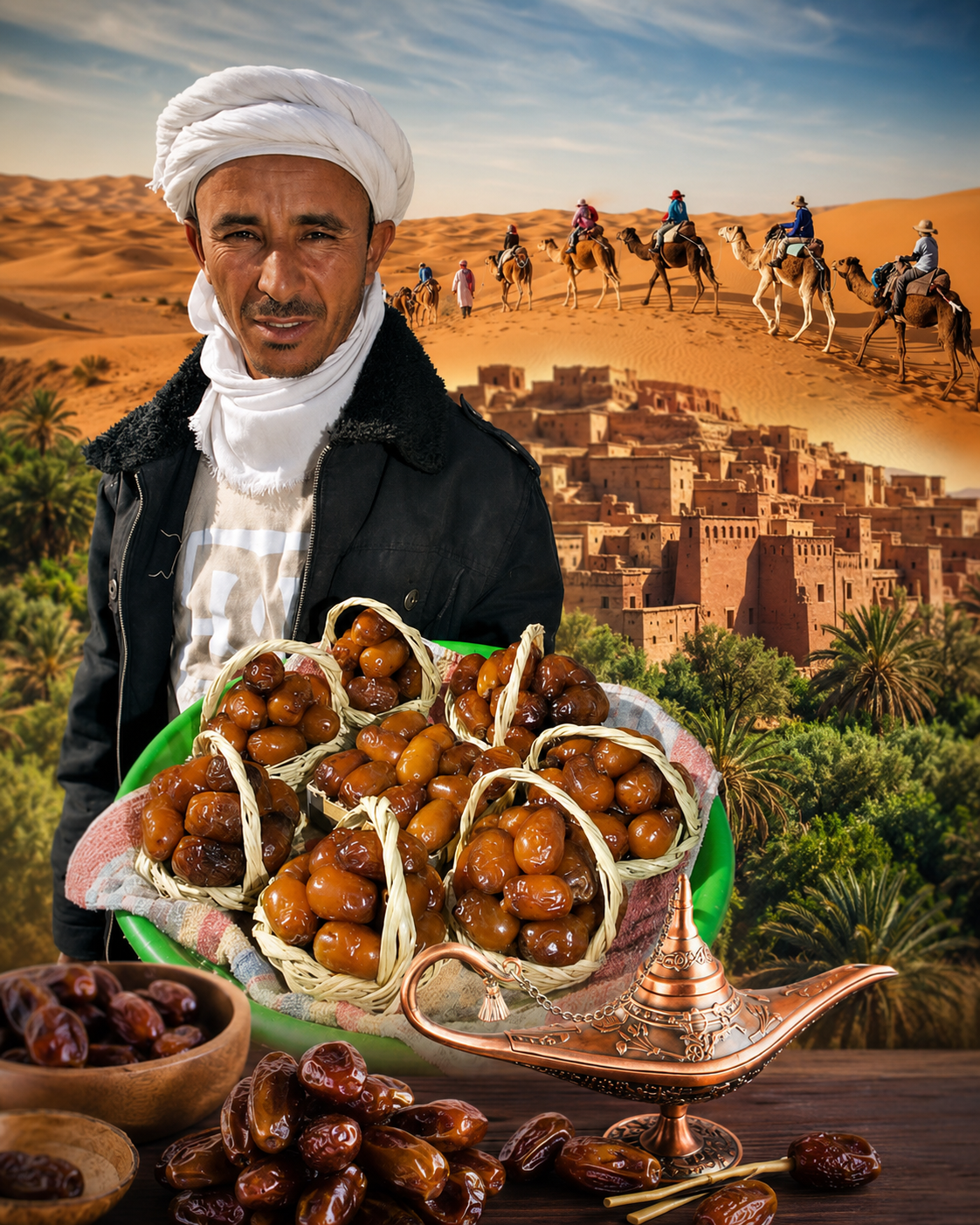 Date seller with desert oasis and kasbah landscape