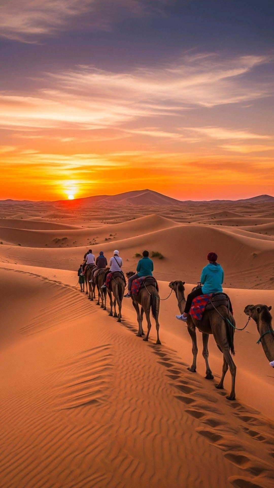 Camel caravan crossing Sahara dunes at sunset