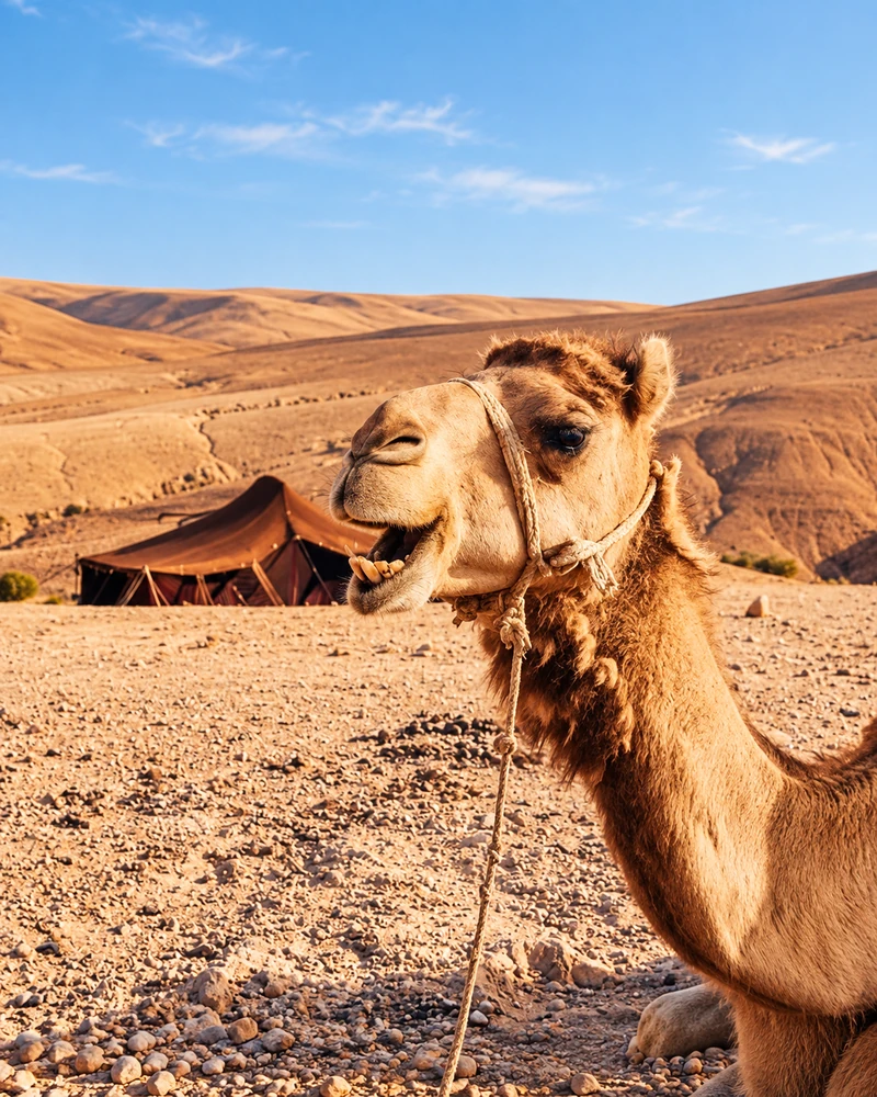 A camel resting in an arid landscape