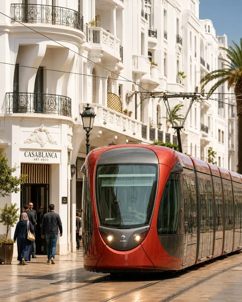 A tram in a central Casablanca street