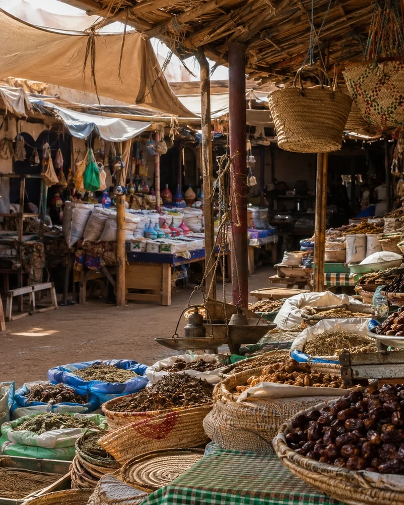 Dates and produce in a shaded market