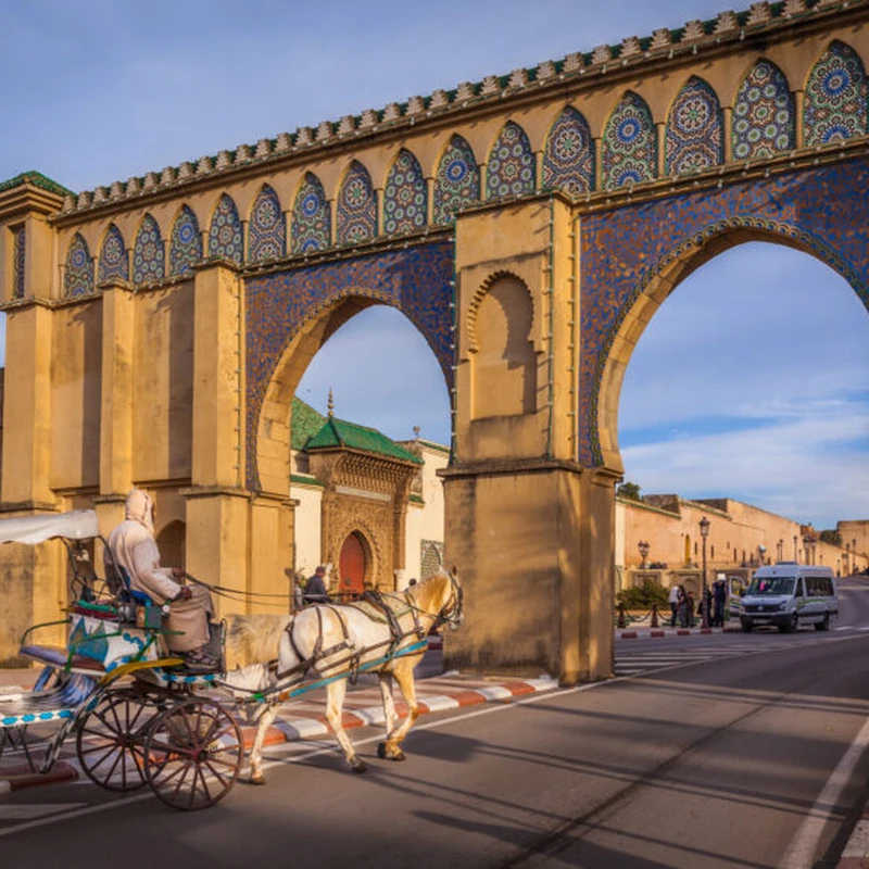 Horse-drawn carriages passing a decorated gateway in Meknès
