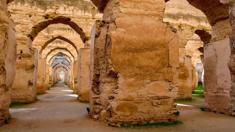 An arcade of earthen arches at Heri es Souani in Meknès