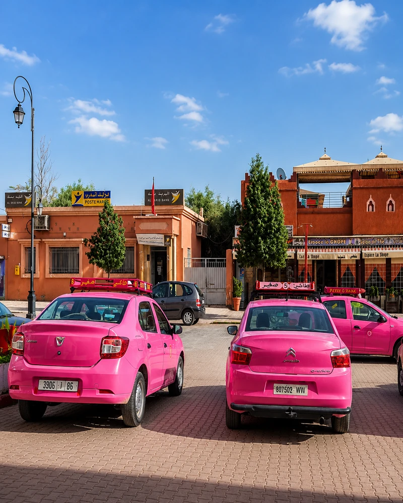Pink taxis on a street in Kalaat M’Gouna