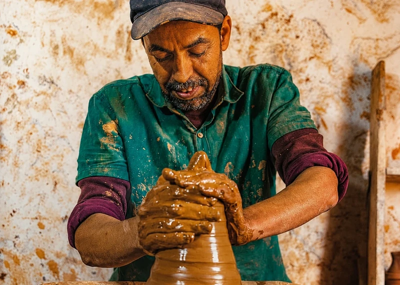 A potter shaping wet clay by hand