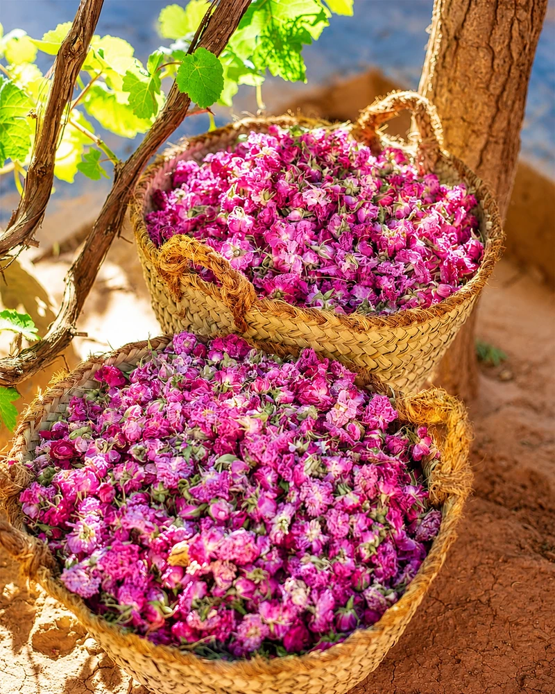 Baskets filled with freshly gathered pink rose petals