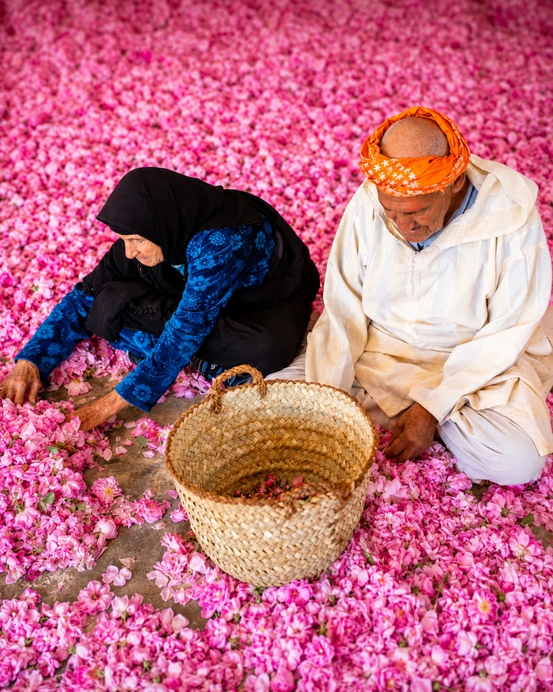 Hands sorting rose petals beside a basket