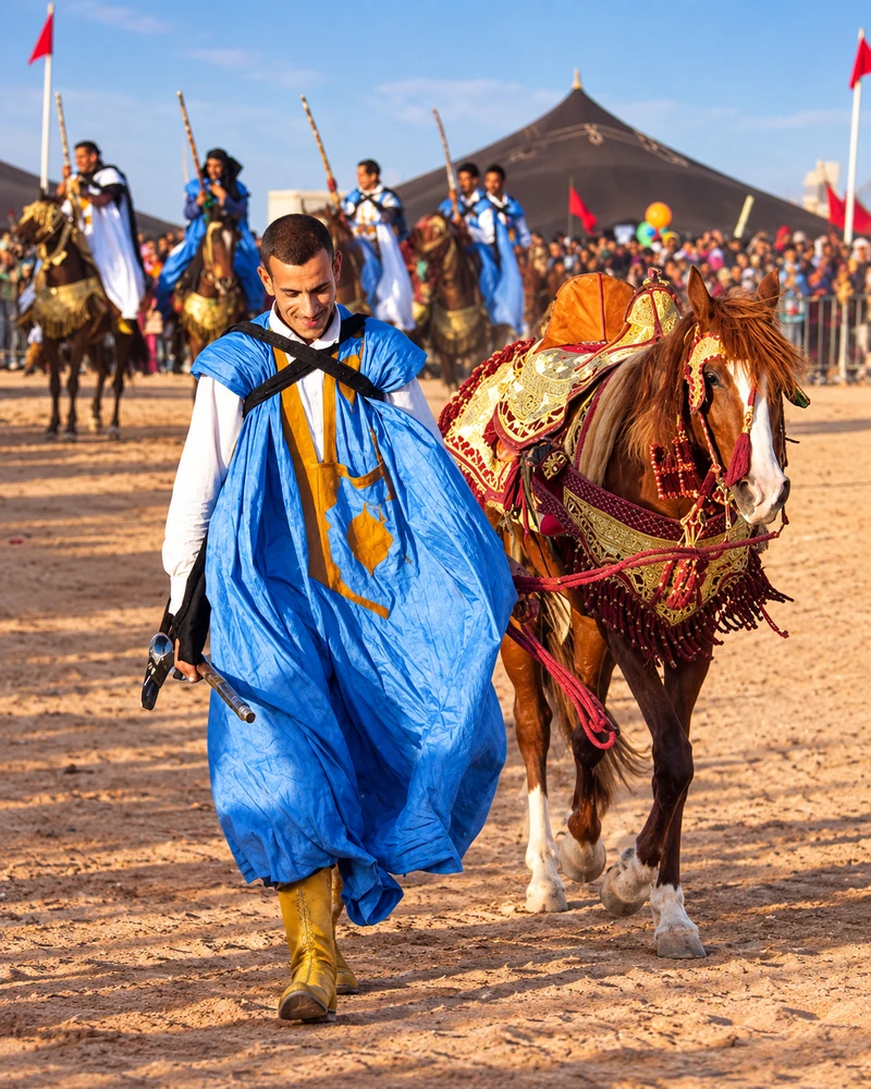 A horseman in blue clothing beside a decorated horse