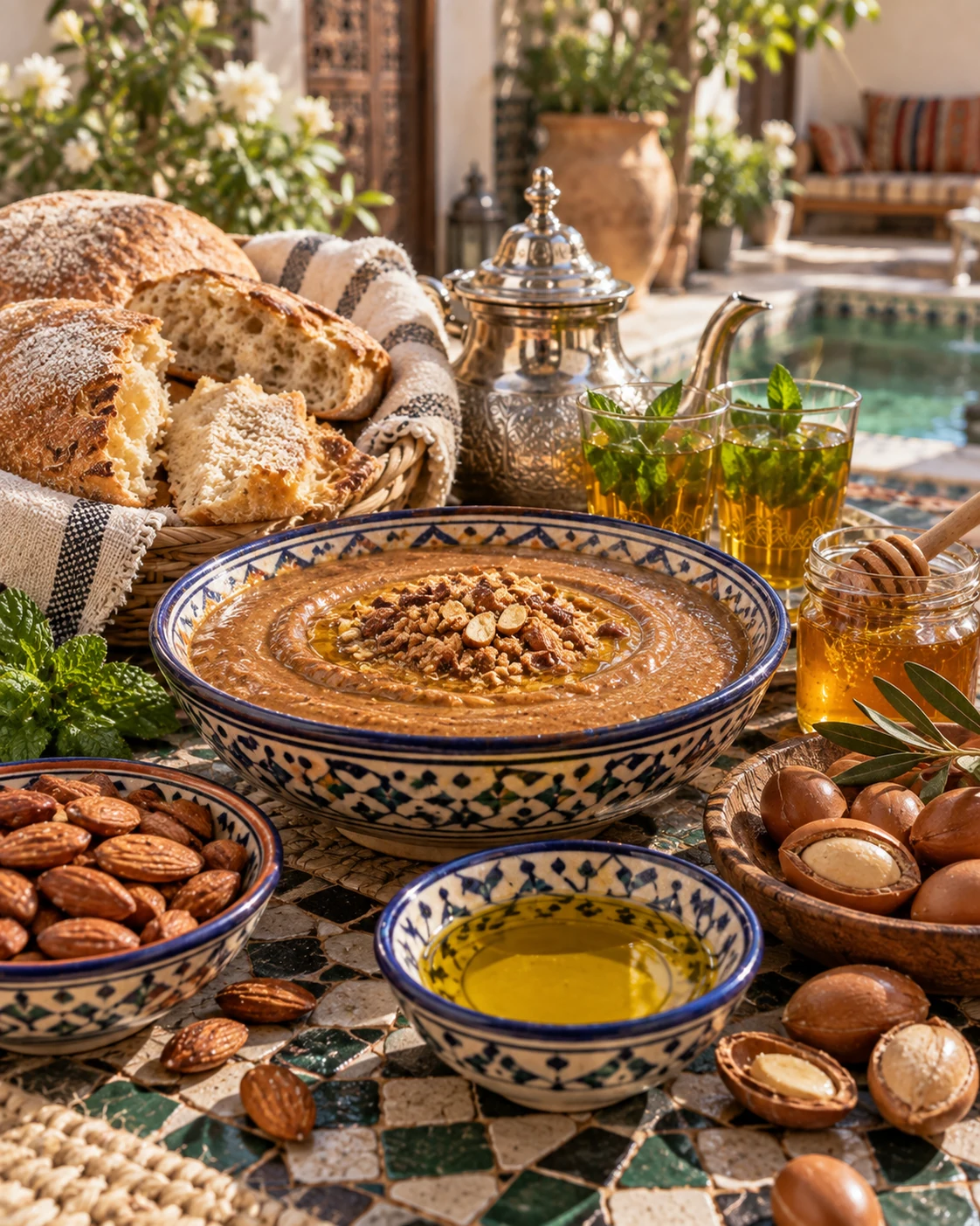 A bowl of amlou with roasted almonds, argan oil, honey, bread and tea