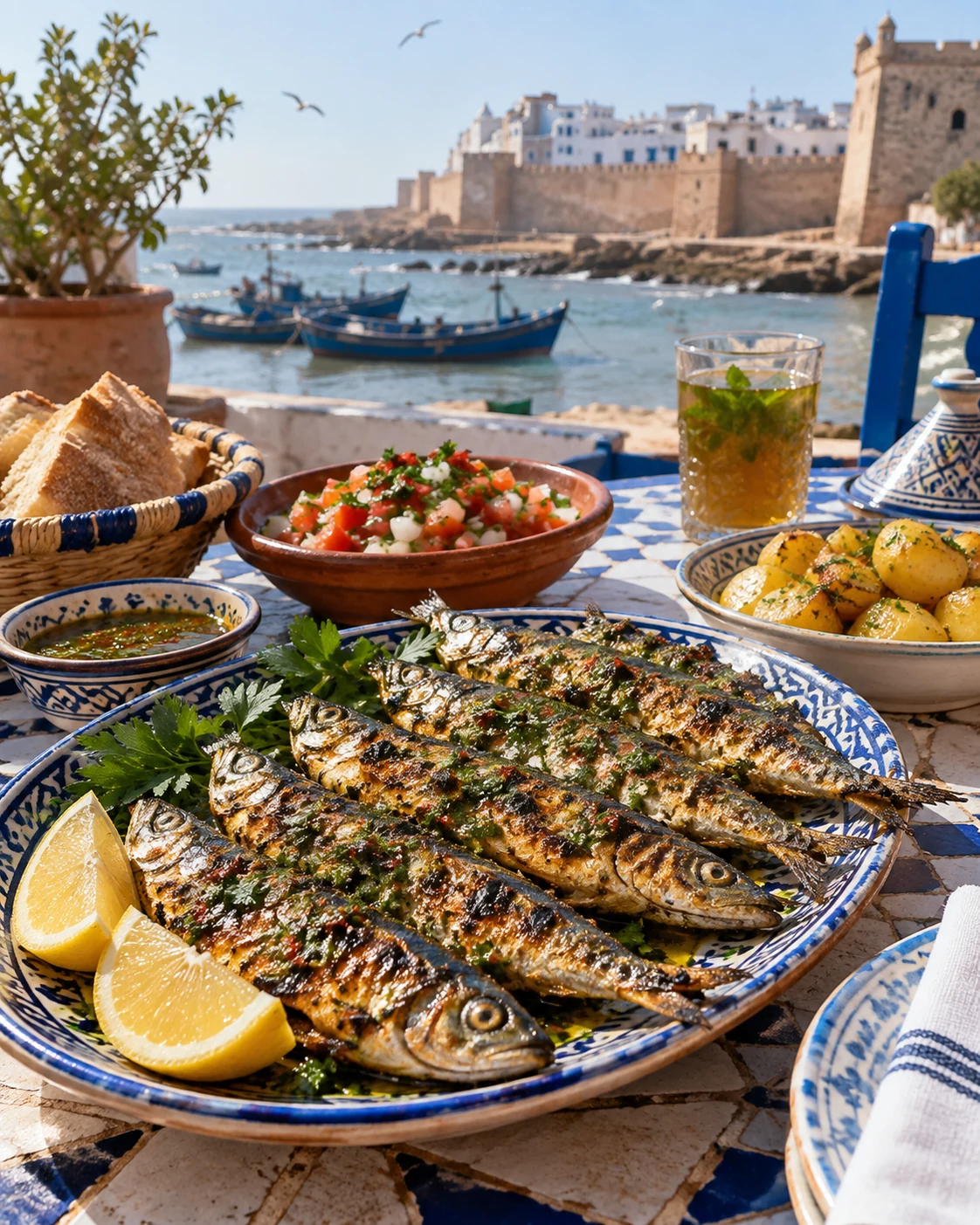 Grilled sardines with chermoula, salad and bread beside the Atlantic