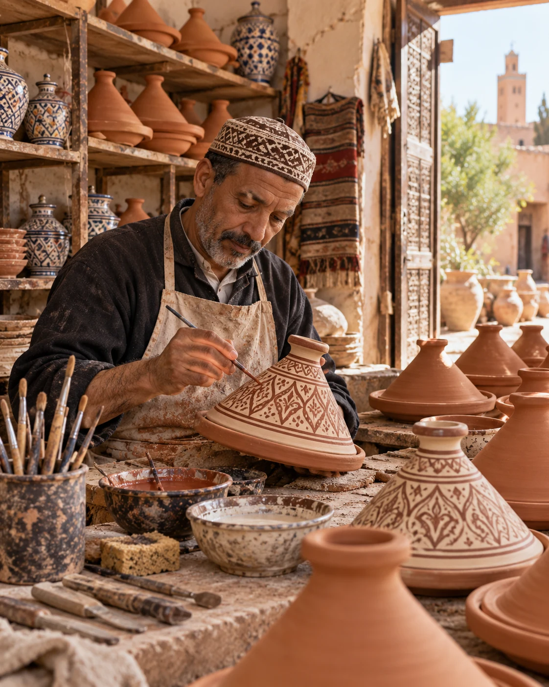 A Moroccan artisan hand-painting a terracotta tagine lid in a pottery workshop