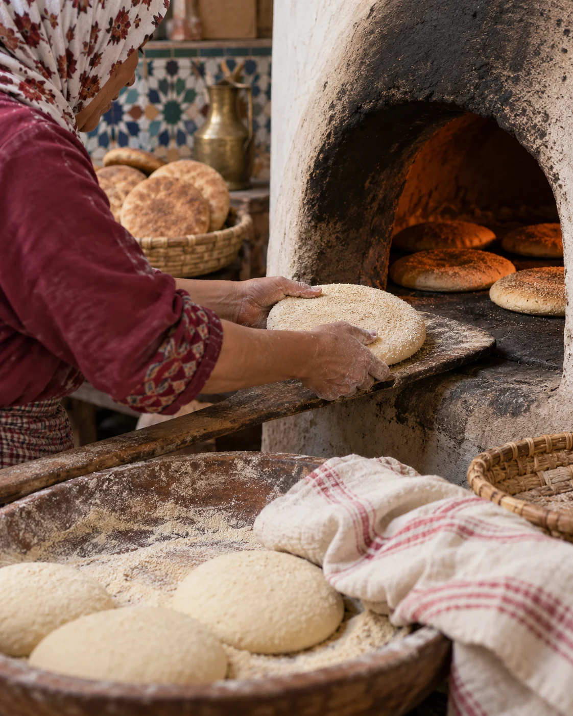 Traditional Moroccan bread being placed in a soot-darkened communal oven