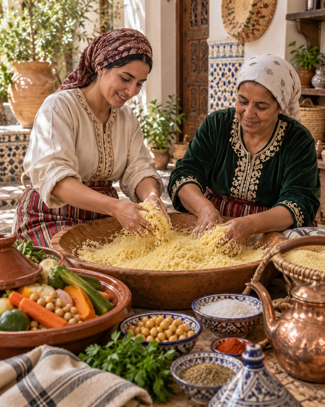 Two women hand-rolling couscous in a large wooden bowl in a Moroccan home