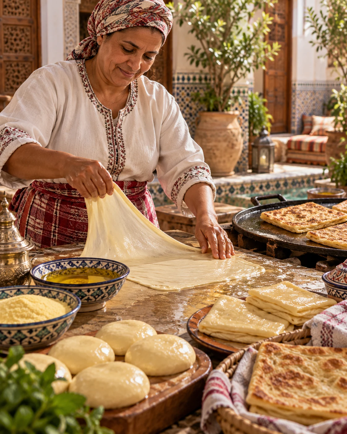 A Moroccan cook stretching thin msemen dough beside a griddle