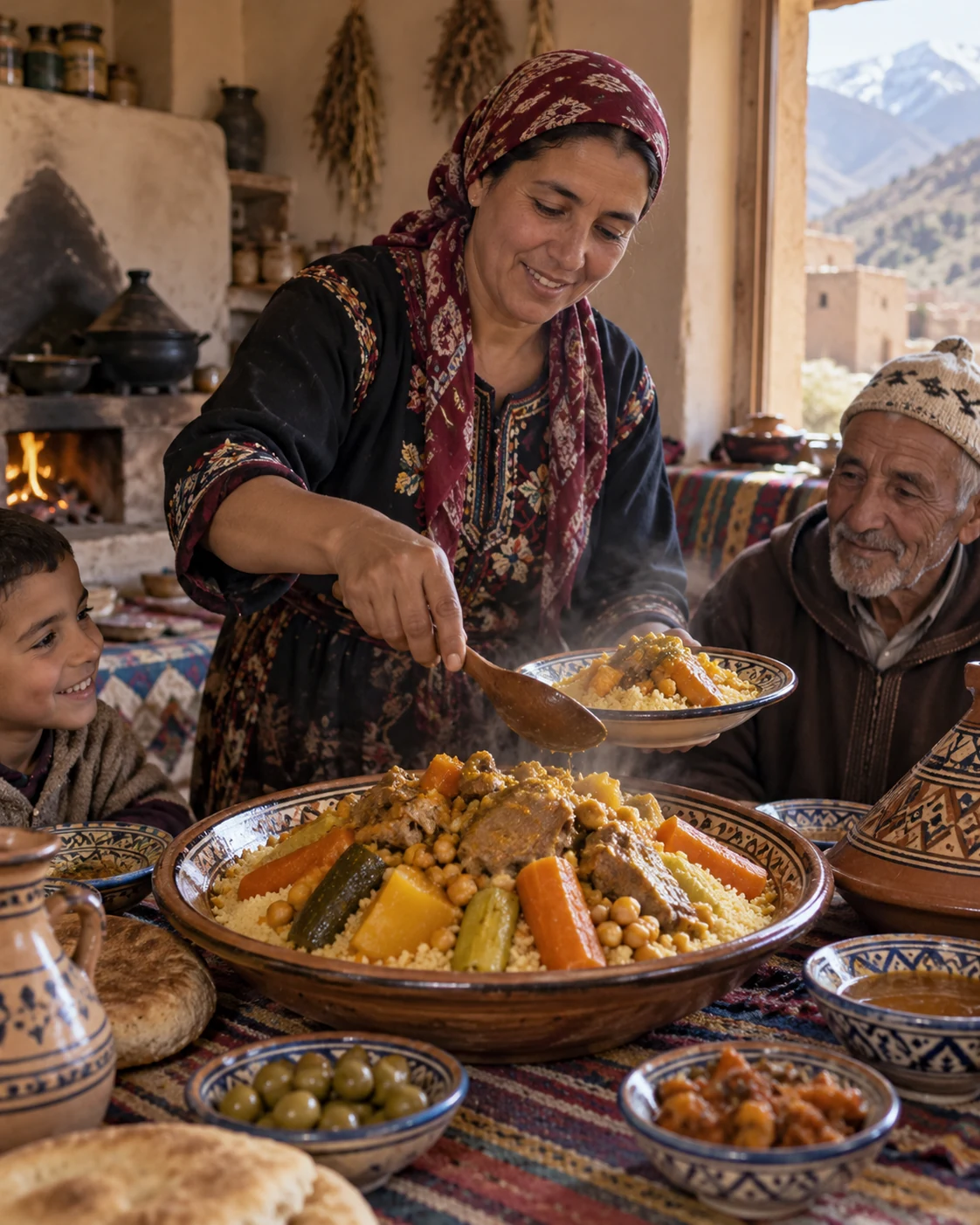 A family serving couscous in a mountain home