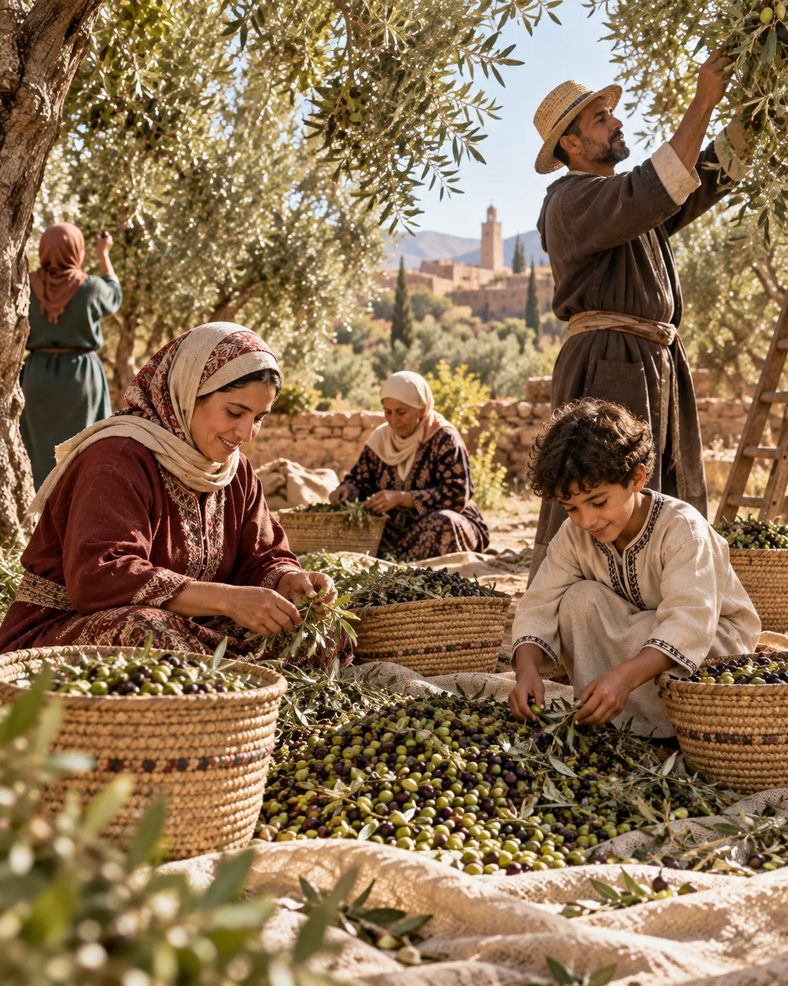 A family sorting freshly harvested green and purple olives beneath olive trees