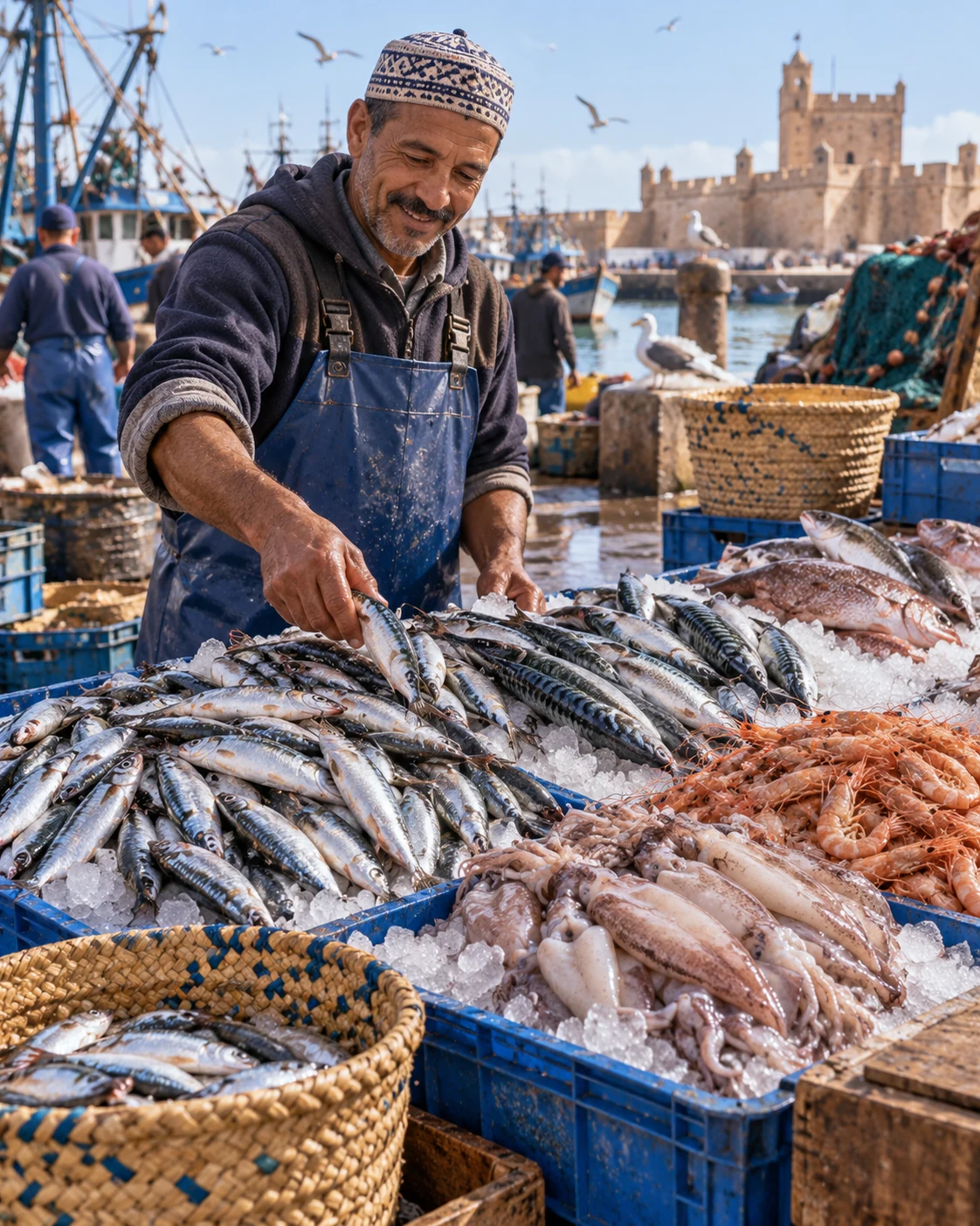 A fish vendor arranging fresh sardines, mackerel, squid and shrimp at a Moroccan harbour market
