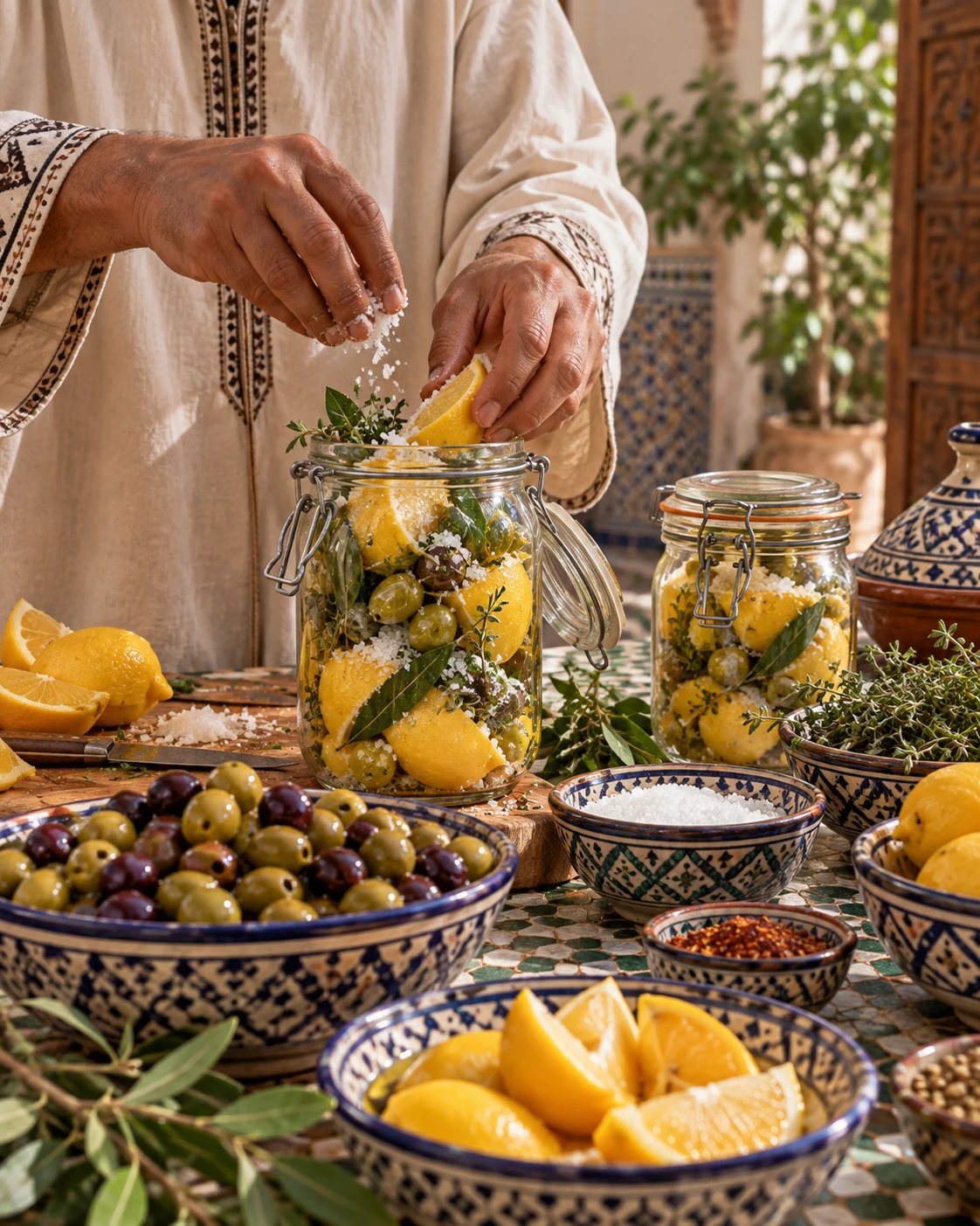 Preserved lemons and olives being packed into glass jars with salt and herbs