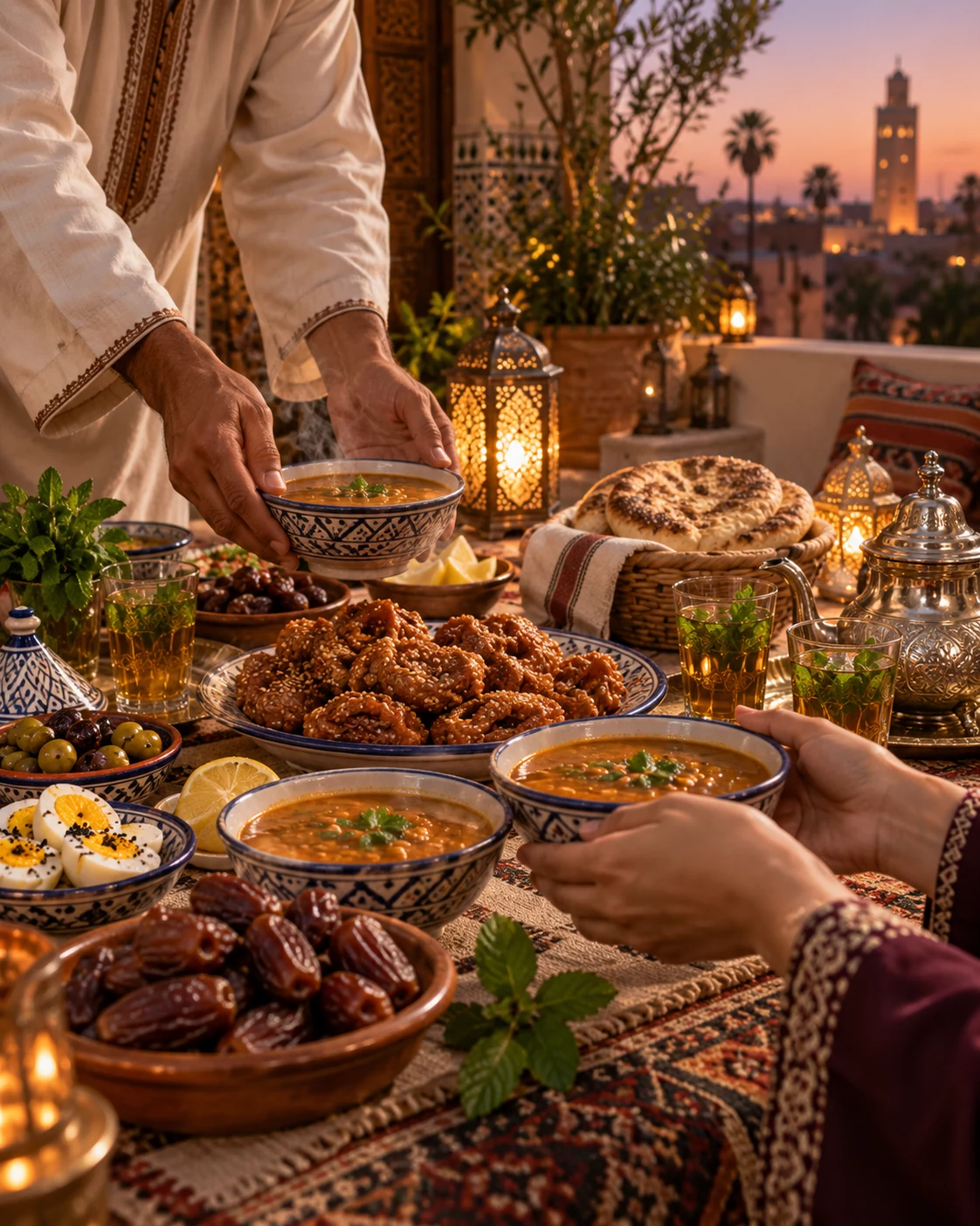 Harira, dates, chebakia, bread and mint tea arranged for iftar at dusk