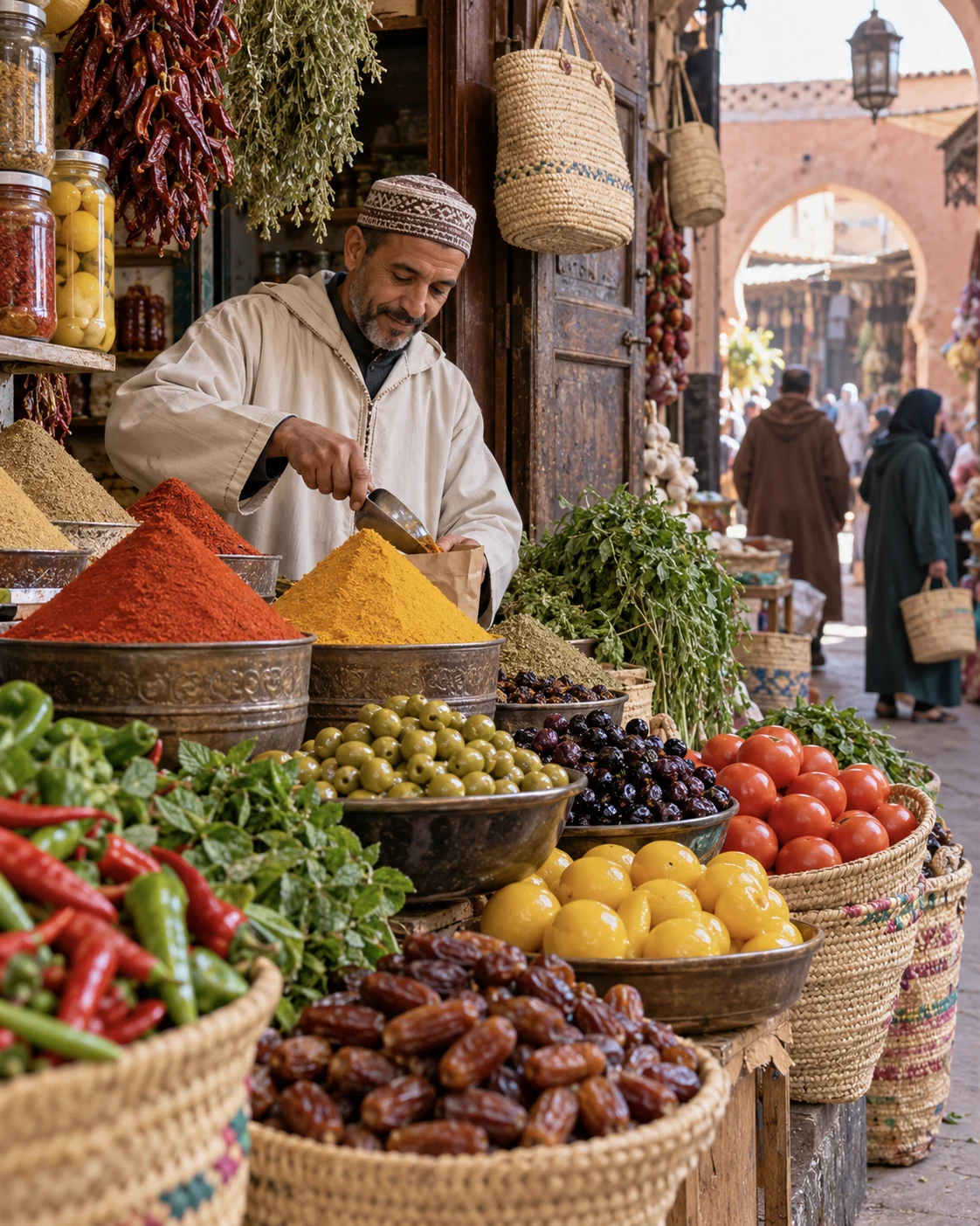 A spice seller surrounded by herbs, olives, dates and colourful ground spices