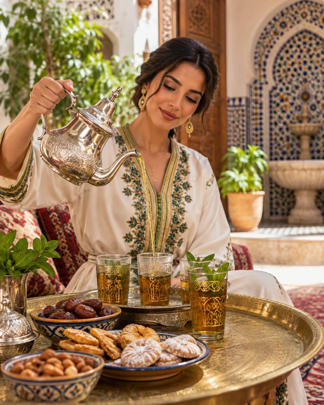 A woman pouring Moroccan mint tea from a silver teapot into decorated glasses