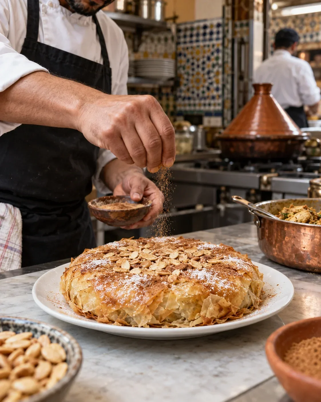 A cook finishing chicken and almond pastilla in a restaurant kitchen
