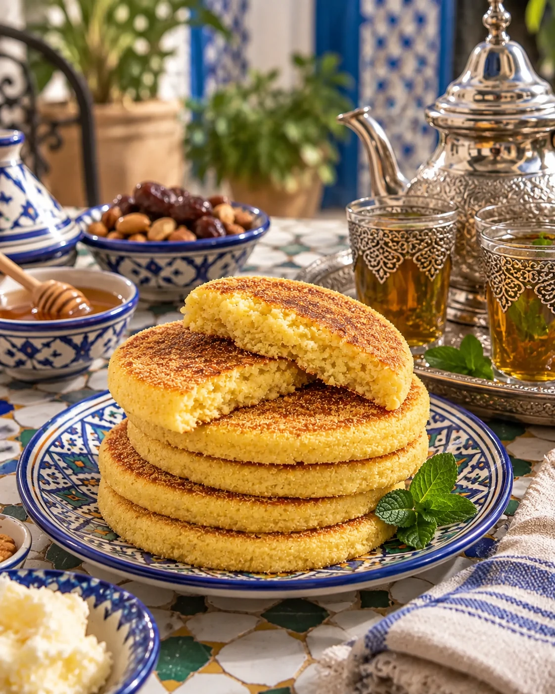 Golden harcha semolina rounds stacked with Moroccan tea service