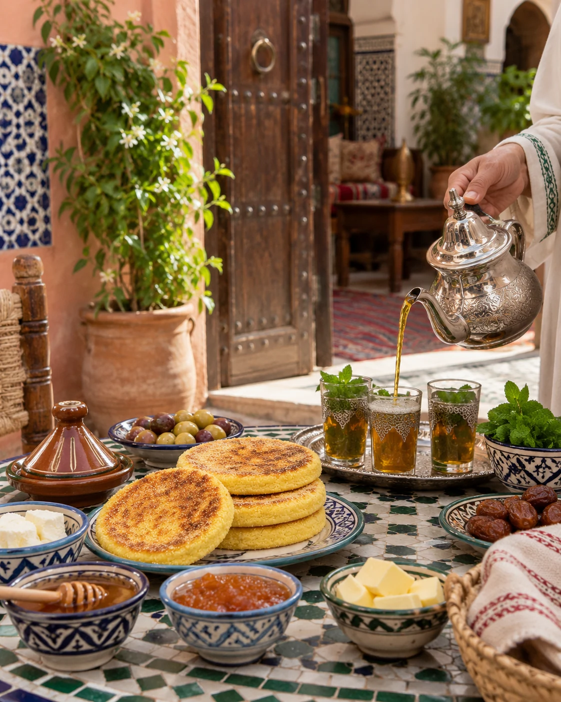 Harcha and mint tea on a bright Moroccan patio table