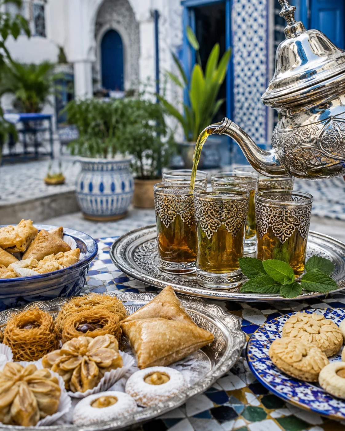 Moroccan mint tea being poured beside pastries in a tiled courtyard
