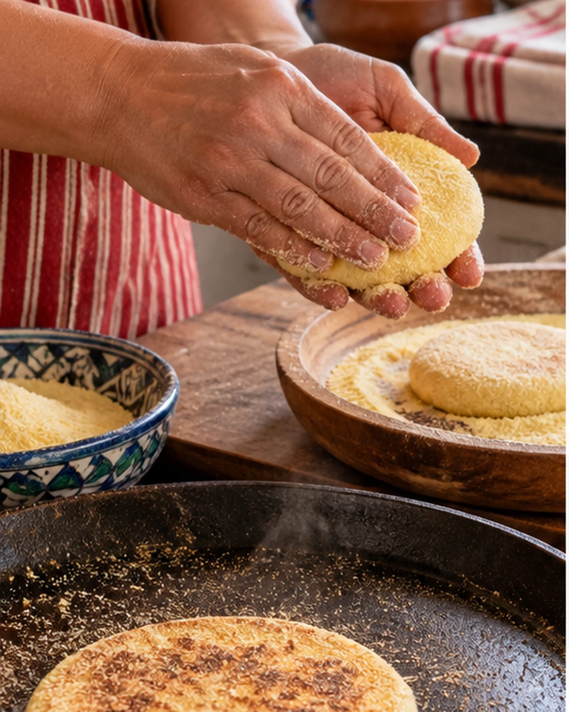 Hands shaping harcha beside a dry griddle in a warm Moroccan kitchen