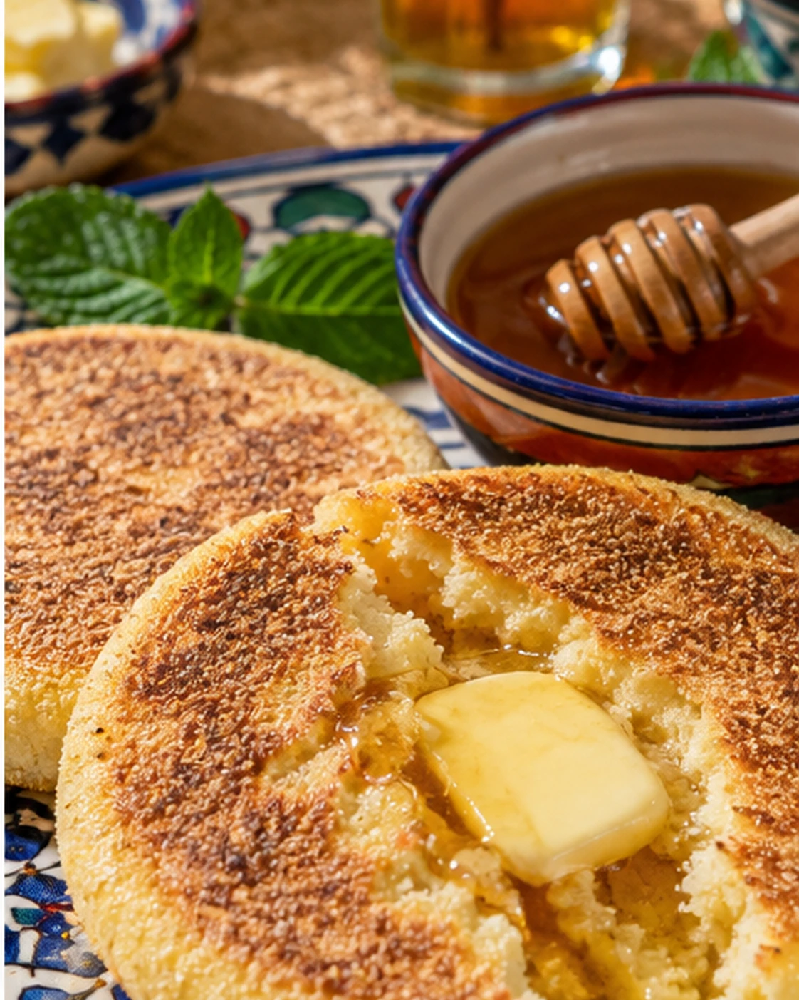 Warm harcha opened with melting butter and honey beside mint tea
