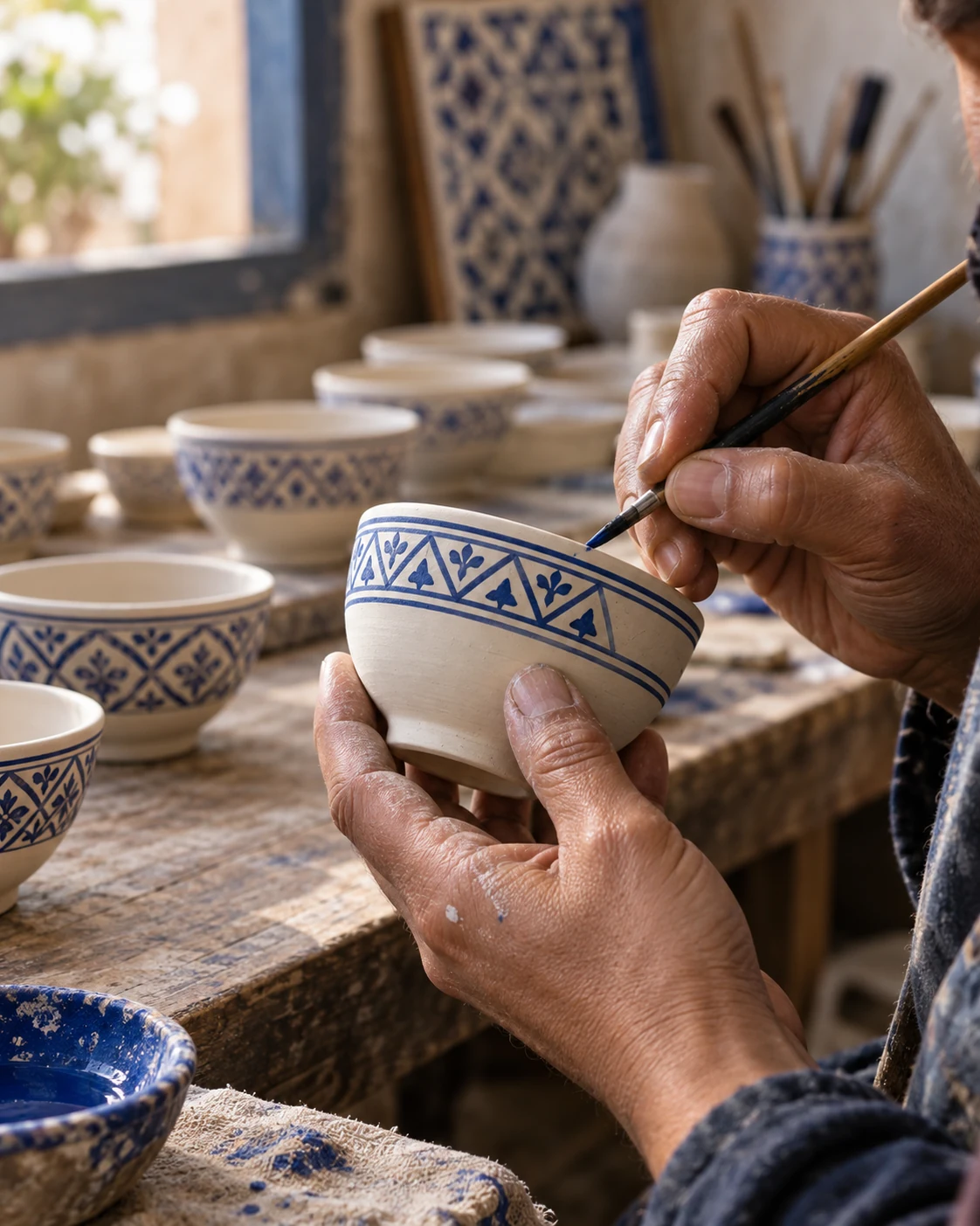 Hands painting the cobalt border of a small Moroccan ceramic soup bowl