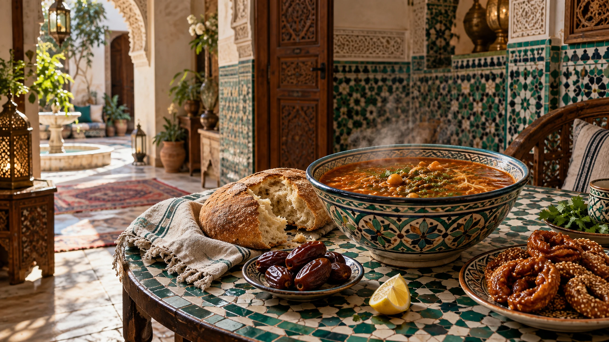 Harira, khobz bread, sesame chebakia and dates on a green zellige table in a richly crafted Moroccan riad