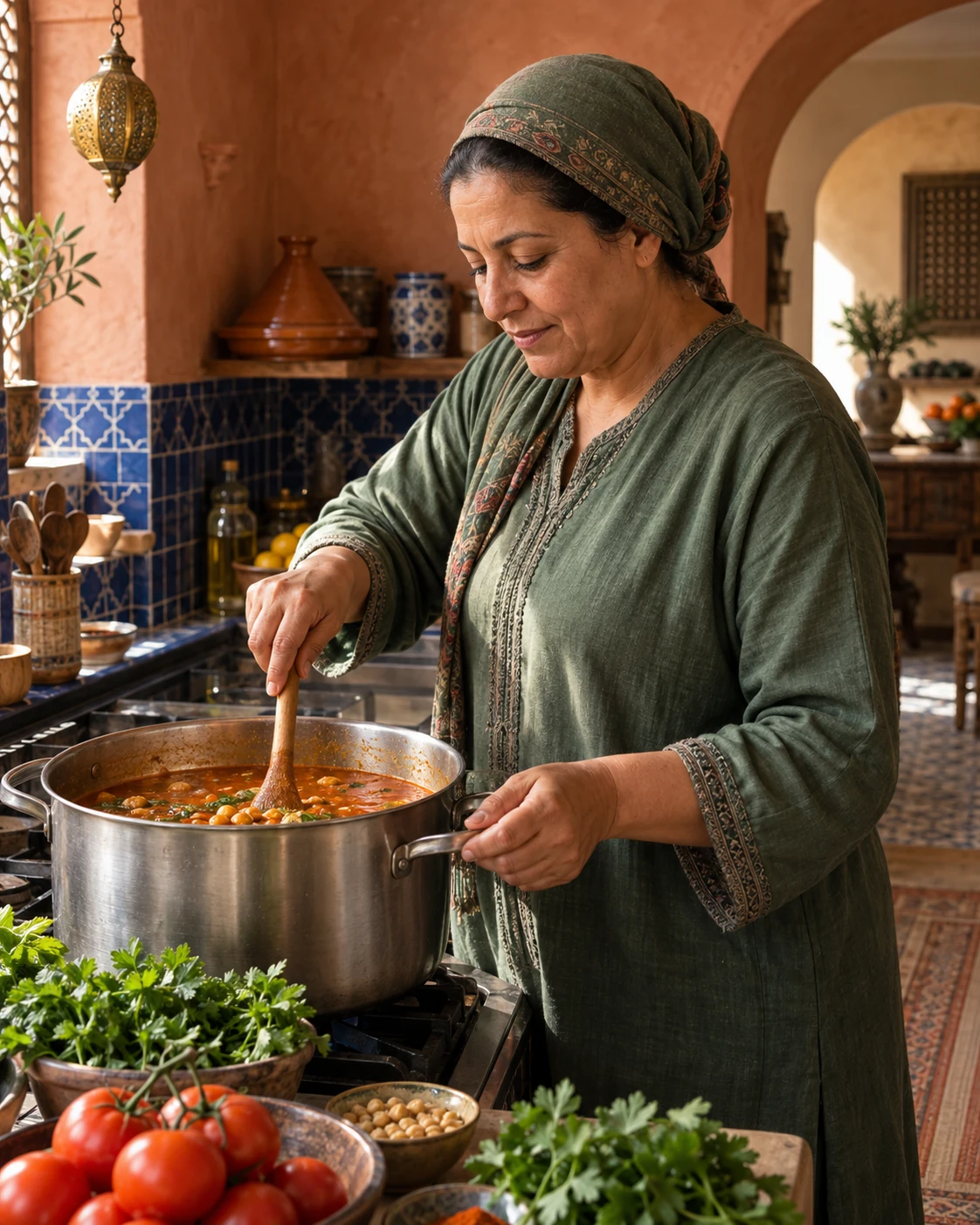 A Moroccan cook stirring harira in a working kitchen with blue zellige