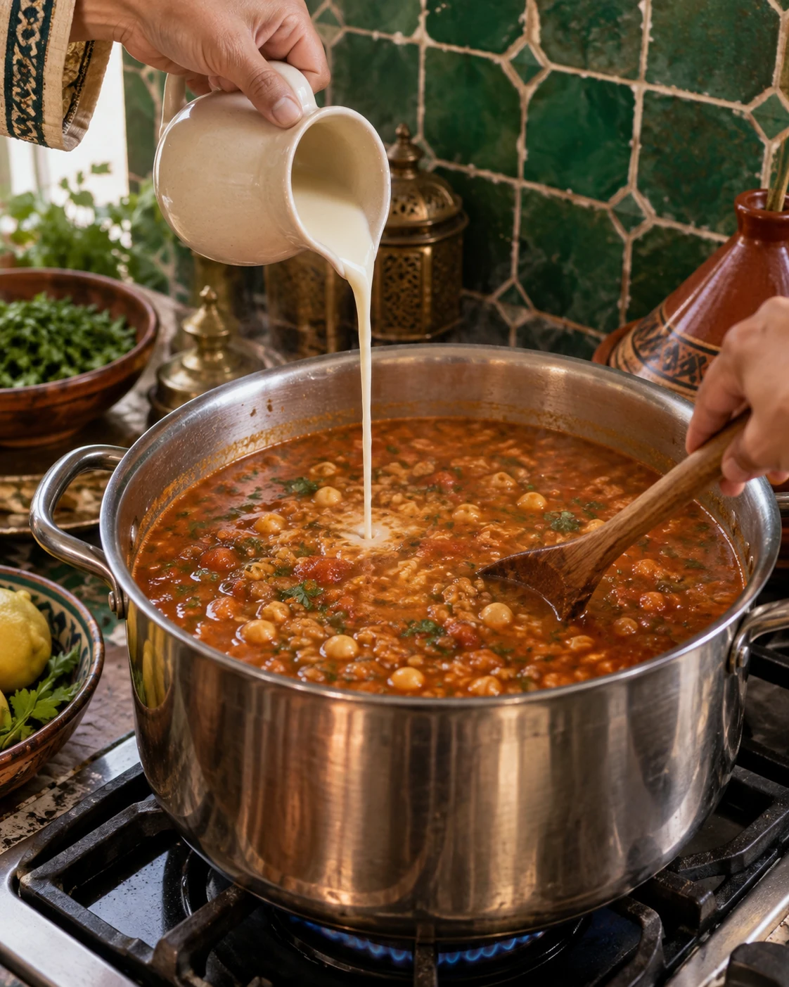 Flour-and-water tedouira poured into harira while the soup is stirred