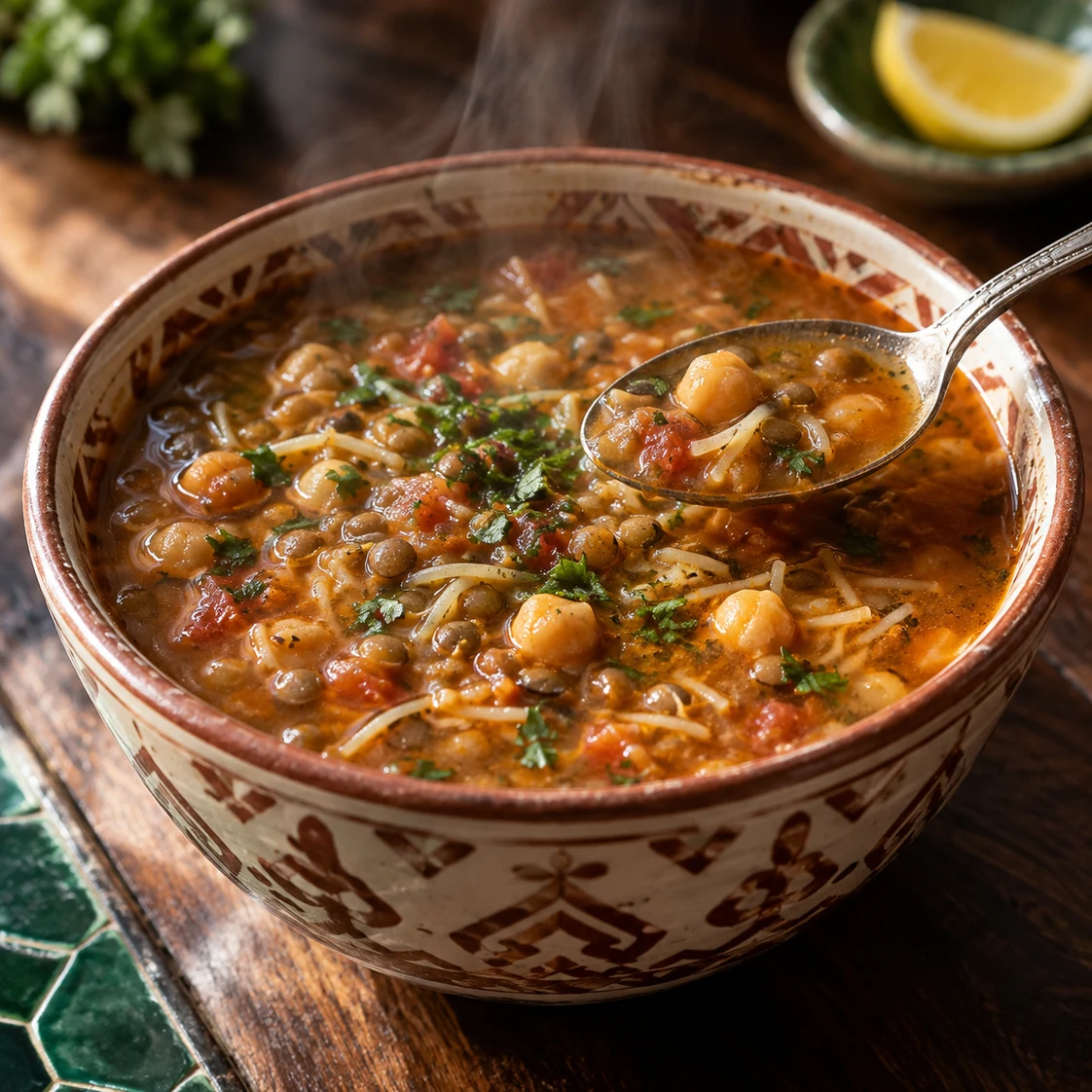 A spoonful of harira showing chickpeas, lentils, short vermicelli and herbs