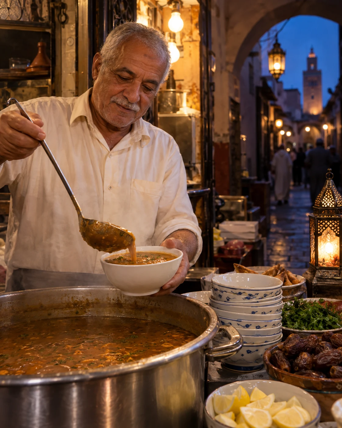 A cook ladling harira at a small Moroccan medina food counter