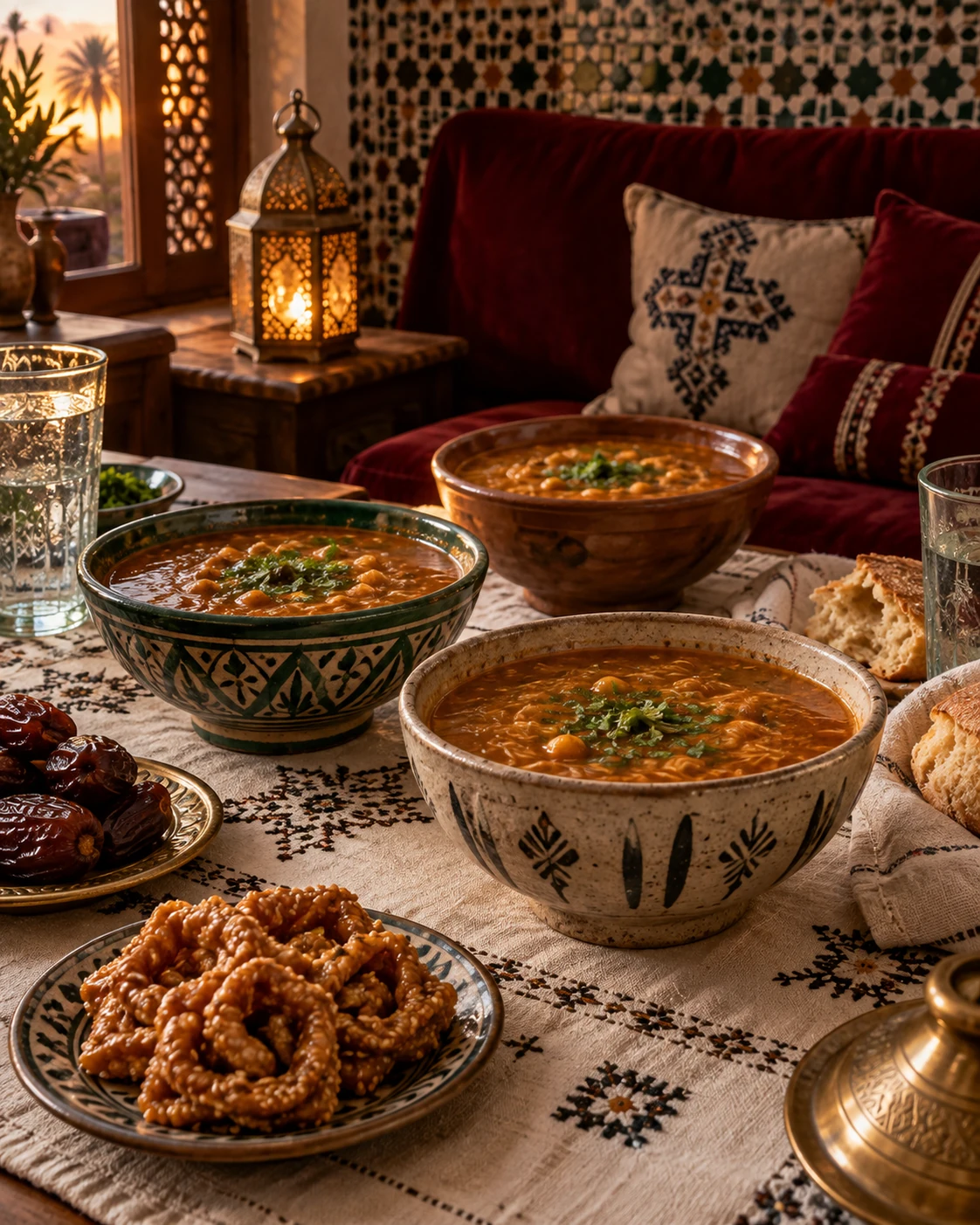 An intimate Moroccan evening table with harira bowls, chebakia, dates and bread