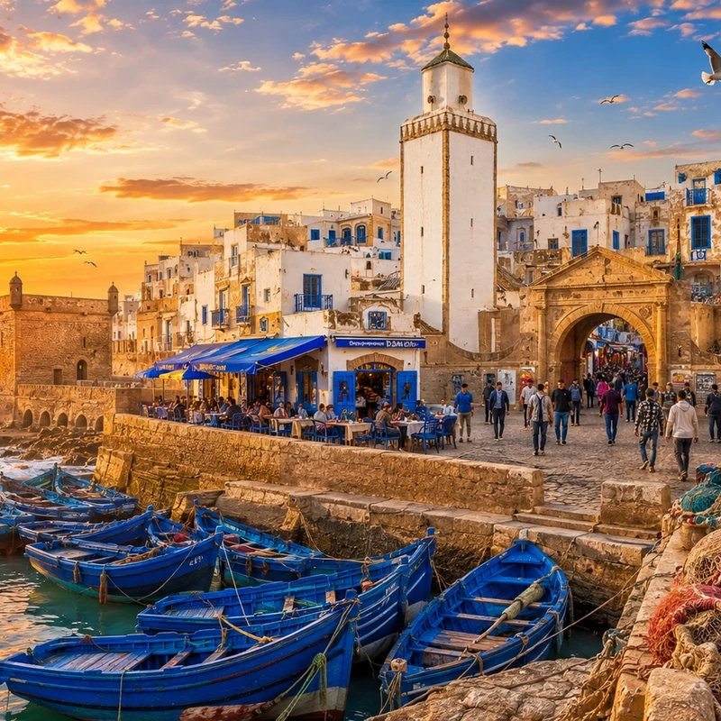 Blue boats, harbour walls and the Atlantic in Essaouira.
