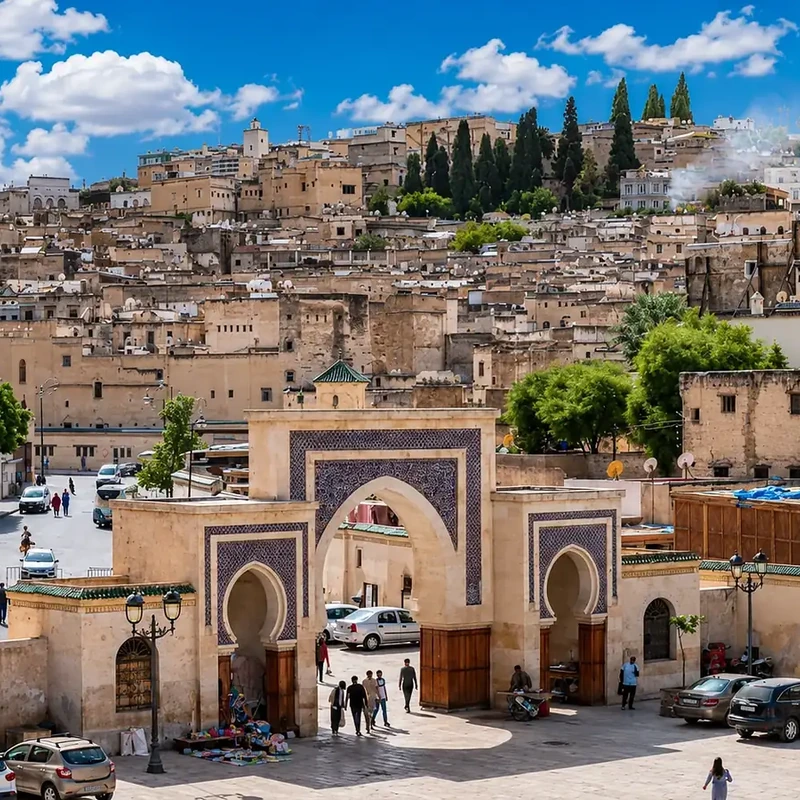 Bab Bou Jeloud and the skyline of Fez.