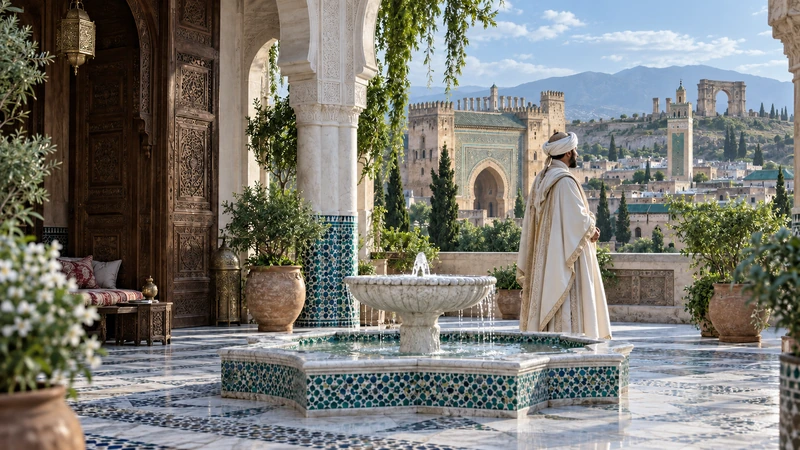 Editorial evocation of a Moroccan court: an anonymous sultan beside a fountain, with architectural references to Meknès, Volubilis and Fez.