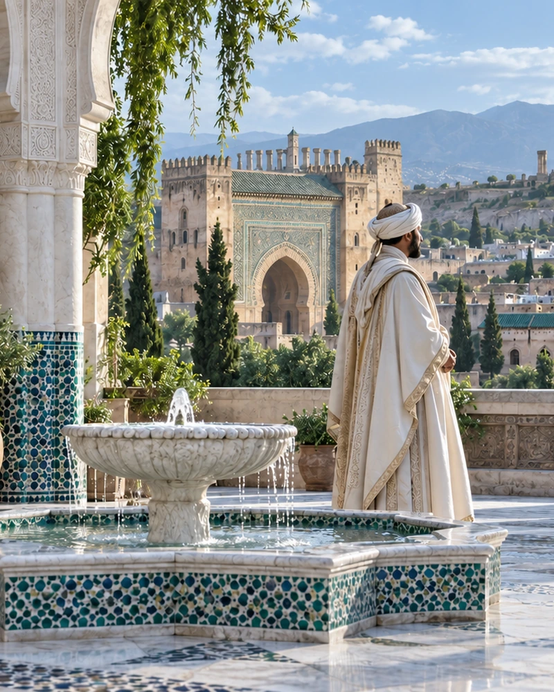 Editorial evocation of a Moroccan court: an anonymous sultan beside a fountain, with architectural references to Meknès, Volubilis and Fez.