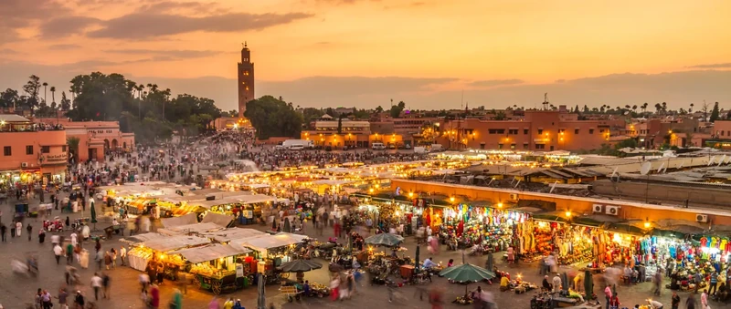 Jemaa el-Fna and the Koutoubia skyline in Marrakech.