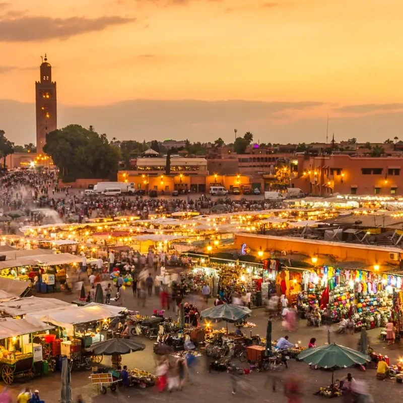 Jemaa el-Fna and the Koutoubia skyline in Marrakech.